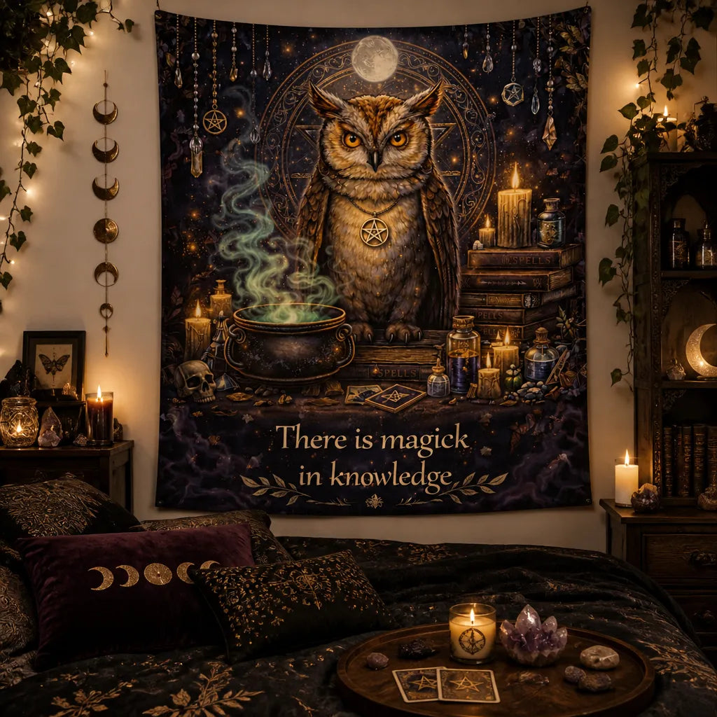 Mystical Owl Witchcraft Spell Knowledge Tapestry – Wiccan Altar Wall Hanging_mockup_1.webp