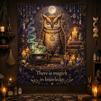 Mystical Owl Witchcraft Spell Knowledge Tapestry – Wiccan Altar Wall Hanging_mockup_2.webp