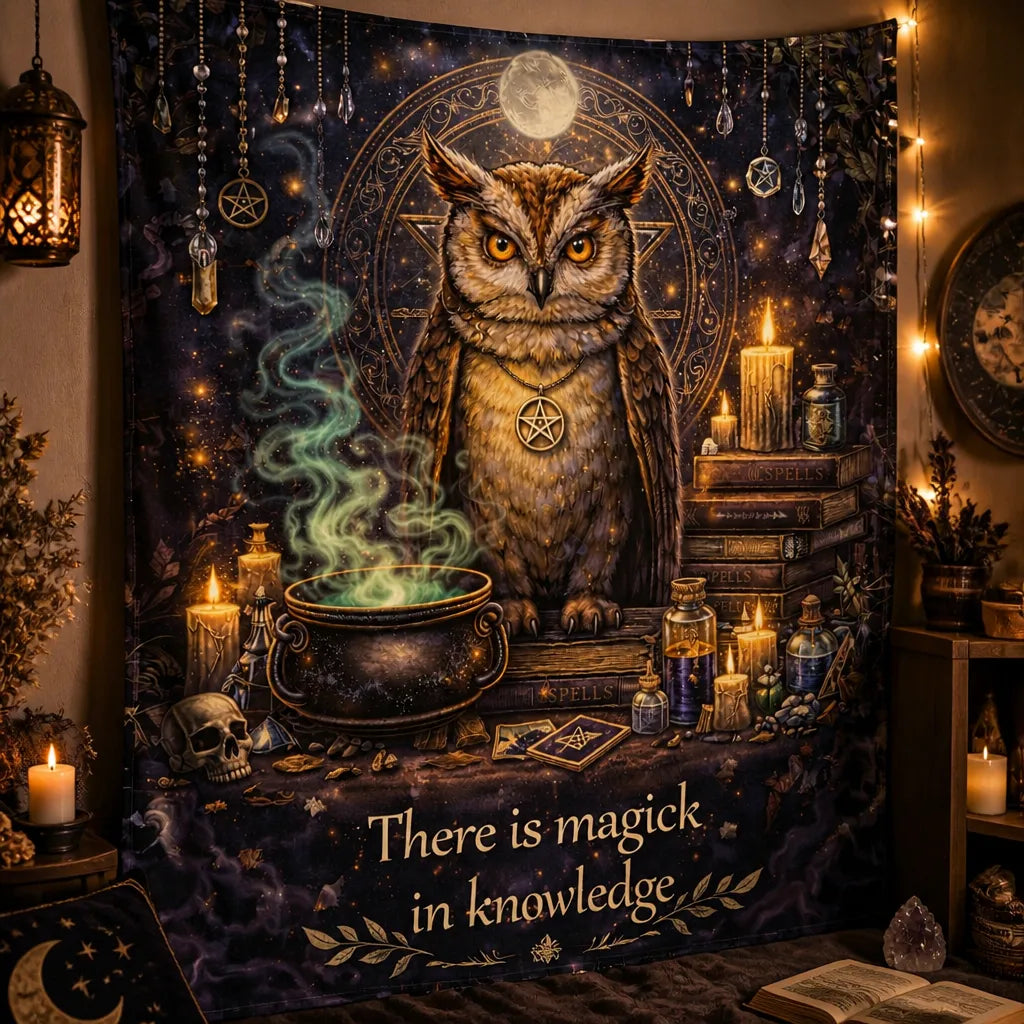 Mystical Owl Witchcraft Spell Knowledge Tapestry – Wiccan Altar Wall Hanging_mockup_3.webp
