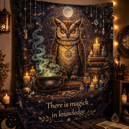 Mystical Owl Witchcraft Spell Knowledge Tapestry – Wiccan Altar Wall Hanging_mockup_3.webp
