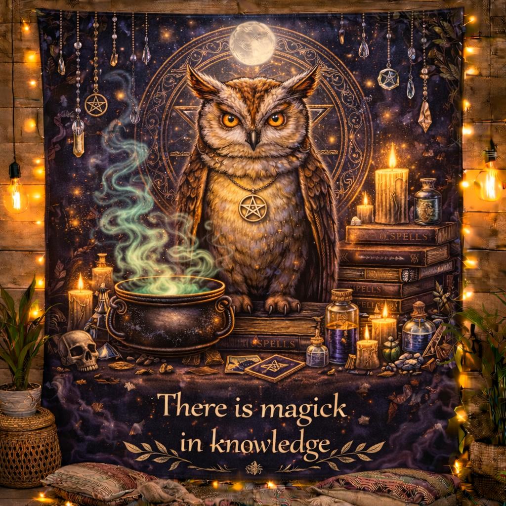 Mystical Owl Witchcraft Spell Knowledge Tapestry – Wiccan Altar Wall Hanging-MoonChildWorld