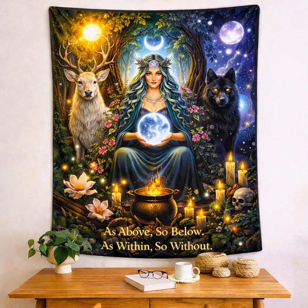 Mystical Pagan Goddess tapestry with a woman, deer, wolf, moon, forest, and "As Above, So Below" text.