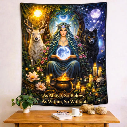 Mystical Pagan Goddess tapestry with a woman, deer, wolf, moon, forest, and "As Above, So Below" text.