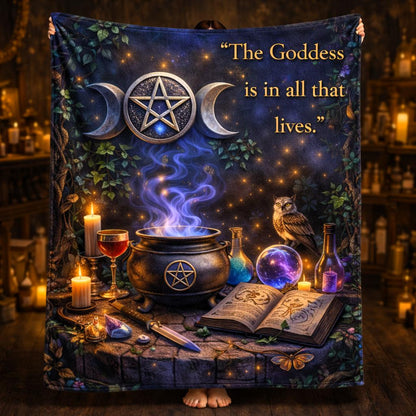 Mystical triple moon pentagram blanket with a cauldron, candles, owl, and "The Goddess is in all that lives" quote.