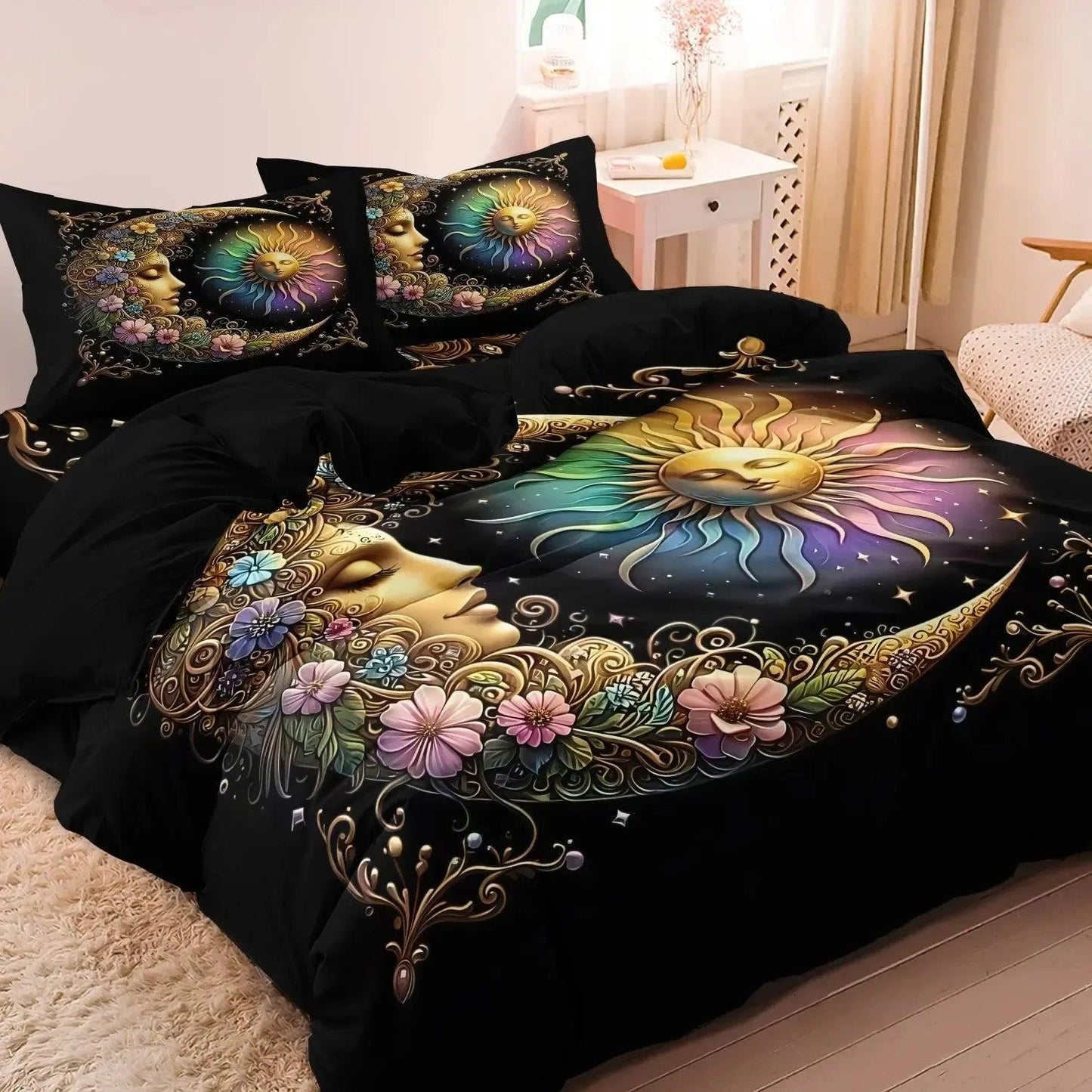 Mystical Sun Moon Goddess Duvet Cover Set Celestial Bedding Set Pagan Home Decor-MoonChildWorld
