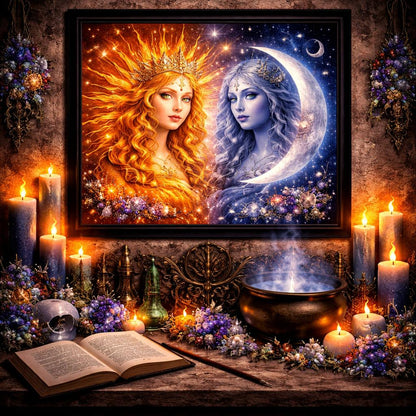 Mystical Sun and Moon Goddess Print - Black Framed Canvas Wall Art for Pagan Home Decor-MoonChildWorld