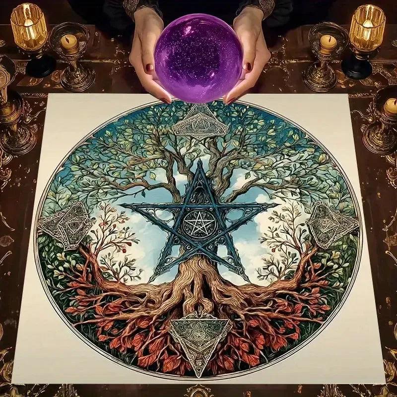 Mystical Tree & Star Symbol Tarot Tablecloth – Sacred Geometry Altar Cloth for Divination, Meditation & Spiritual Decor-MoonChildWorld
