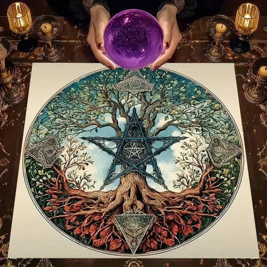 Mystical Tree & Star Symbol Tarot Tablecloth – Sacred Geometry Altar Cloth for Divination, Meditation & Spiritual Decor-MoonChildWorld