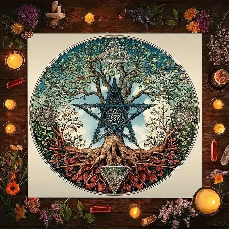 Mystical Tree & Star Symbol Tarot Tablecloth – Sacred Geometry Altar Cloth for Divination, Meditation & Spiritual Decor-MoonChildWorld