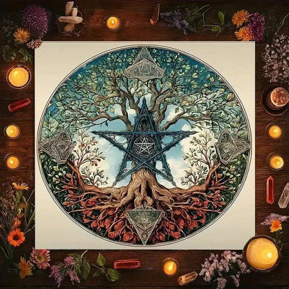 Mystical Tree & Star Symbol Tarot Tablecloth – Sacred Geometry Altar Cloth for Divination, Meditation & Spiritual Decor-MoonChildWorld