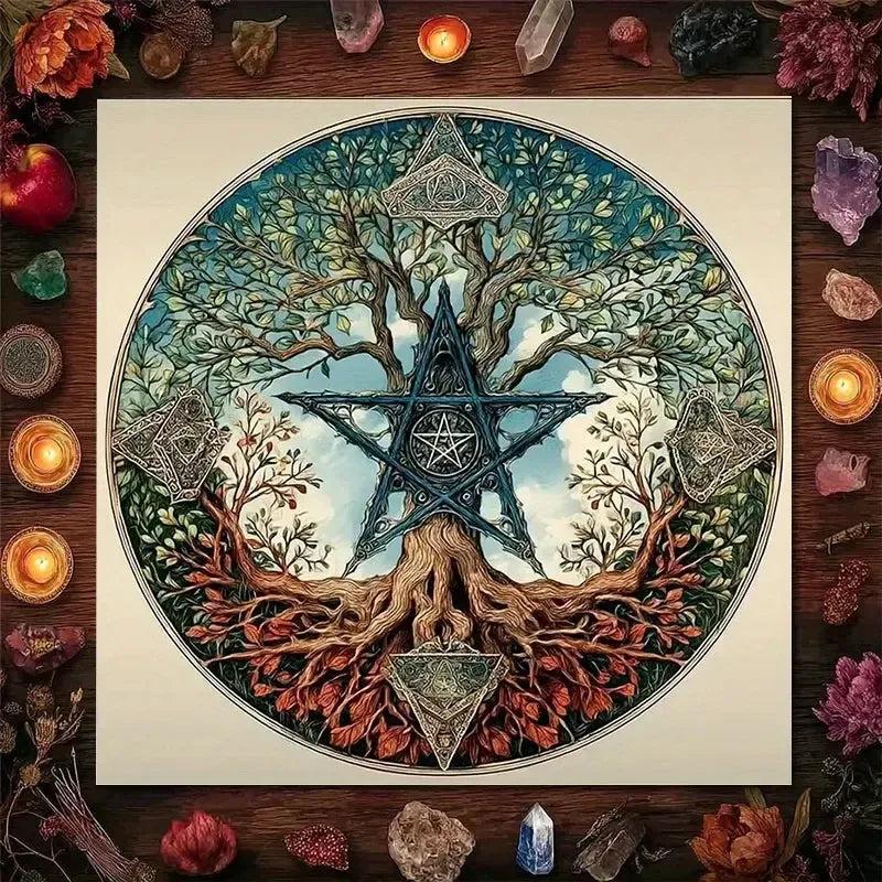 Mystical Tree & Star Symbol Tarot Tablecloth – Sacred Geometry Altar Cloth for Divination, Meditation & Spiritual Decor-MoonChildWorld