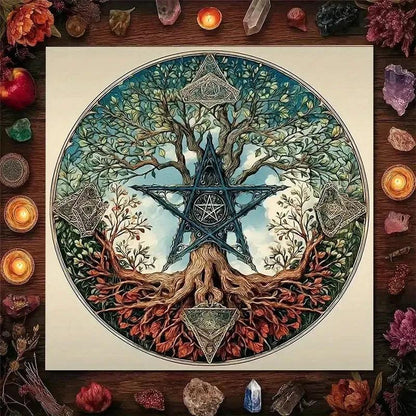 Mystical Tree & Star Symbol Tarot Tablecloth – Sacred Geometry Altar Cloth for Divination, Meditation & Spiritual Decor-MoonChildWorld