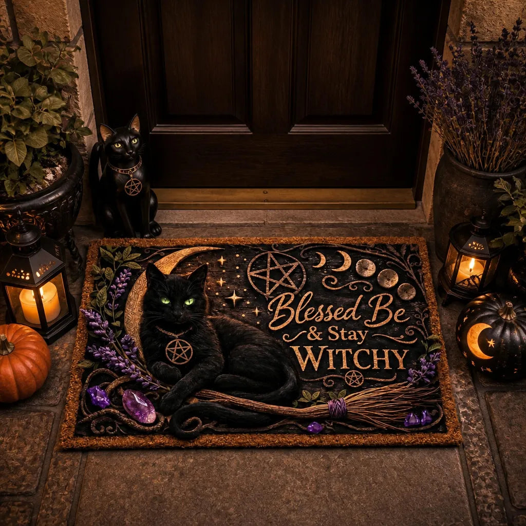 Mystical Wicca Black Cat Doormat – Gothic Witch Familiar Welcome Mat_mockup_1.webp
