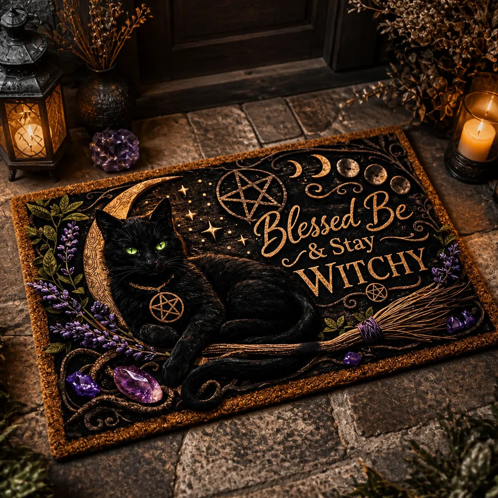 Mystical Wicca Black Cat Doormat – Gothic Witch Familiar Welcome Mat_mockup_2.webp