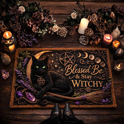 Black cat doormat with green eyes, a golden crescent moon, pentacle, broom, and "Blessed Be & Stay Witchy" text.