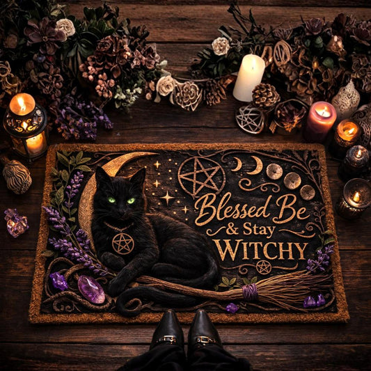Mystical Wicca Black Cat Doormat – Gothic Witch Familiar Welcome Mat-MoonChildWorld