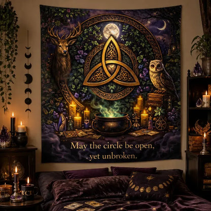Mystical Wicca Wall Hanging - Pagan Tapestry with Celtic Knot, Deer, Owl, & Mystical Elements_mockup_1.webp