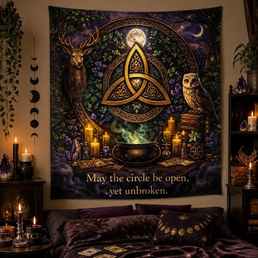 Mystical Wicca Wall Hanging - Pagan Tapestry with Celtic Knot, Deer, Owl, & Mystical Elements_mockup_1.webp