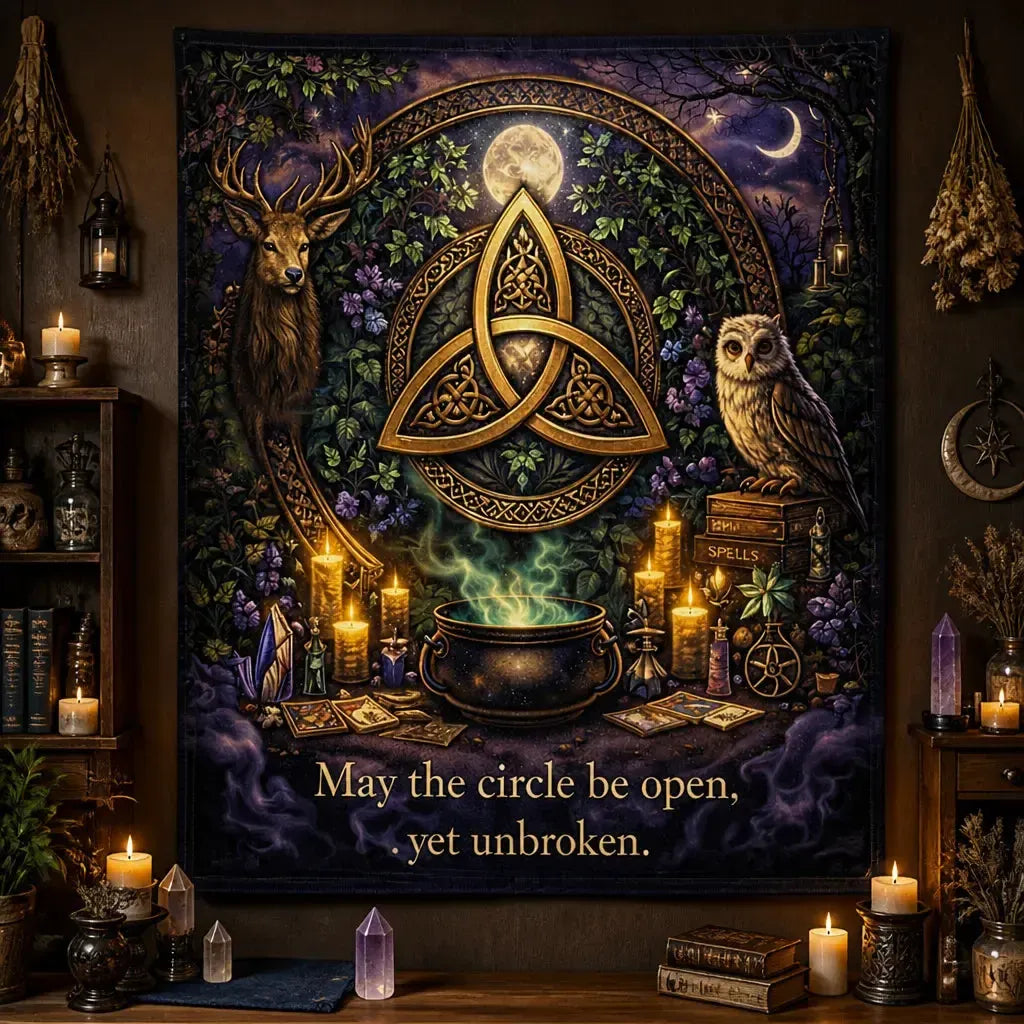 Mystical Wicca Wall Hanging - Pagan Tapestry with Celtic Knot, Deer, Owl, & Mystical Elements_mockup_2.webp