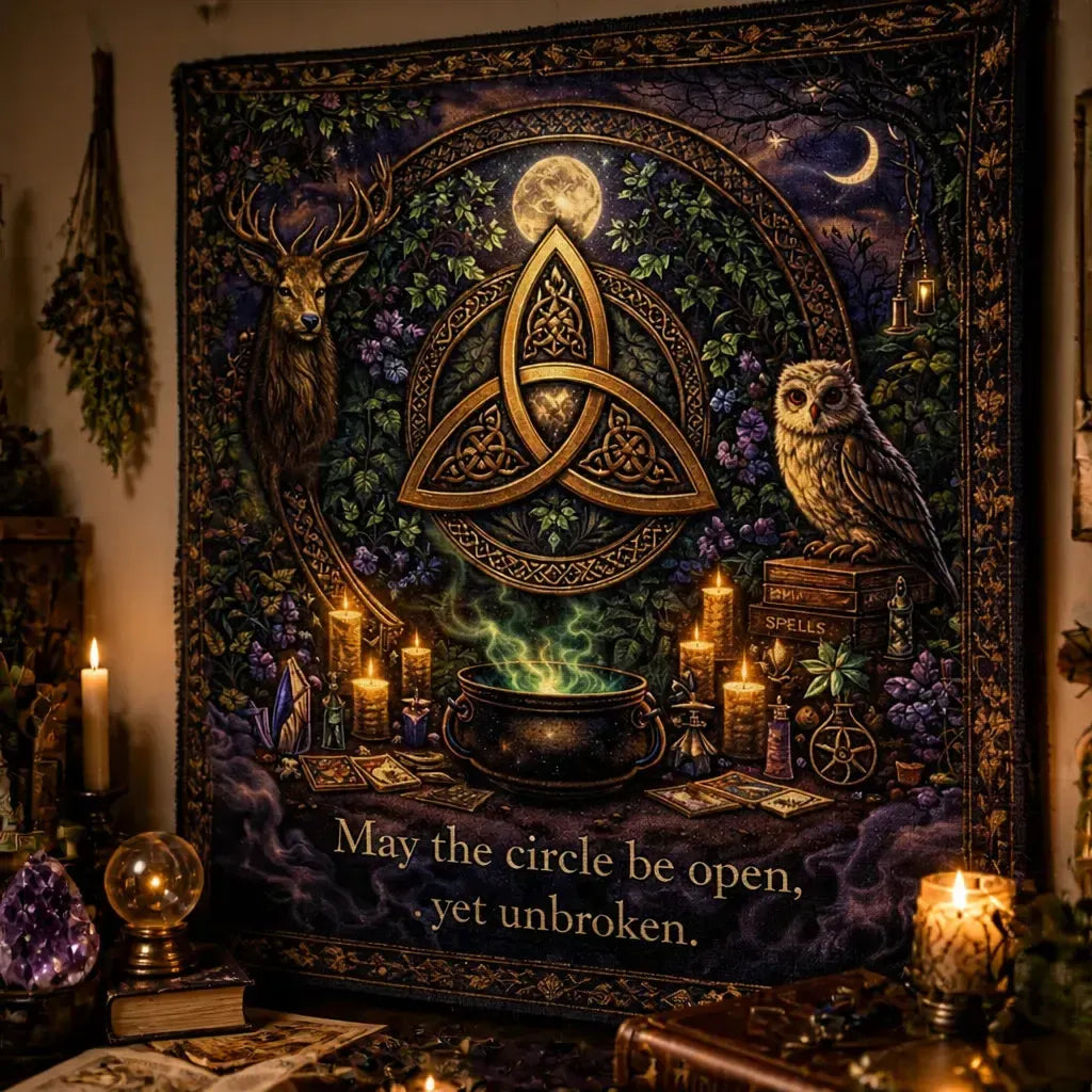 Mystical Wicca Wall Hanging - Pagan Tapestry with Celtic Knot, Deer, Owl, & Mystical Elements_mockup_3.webp