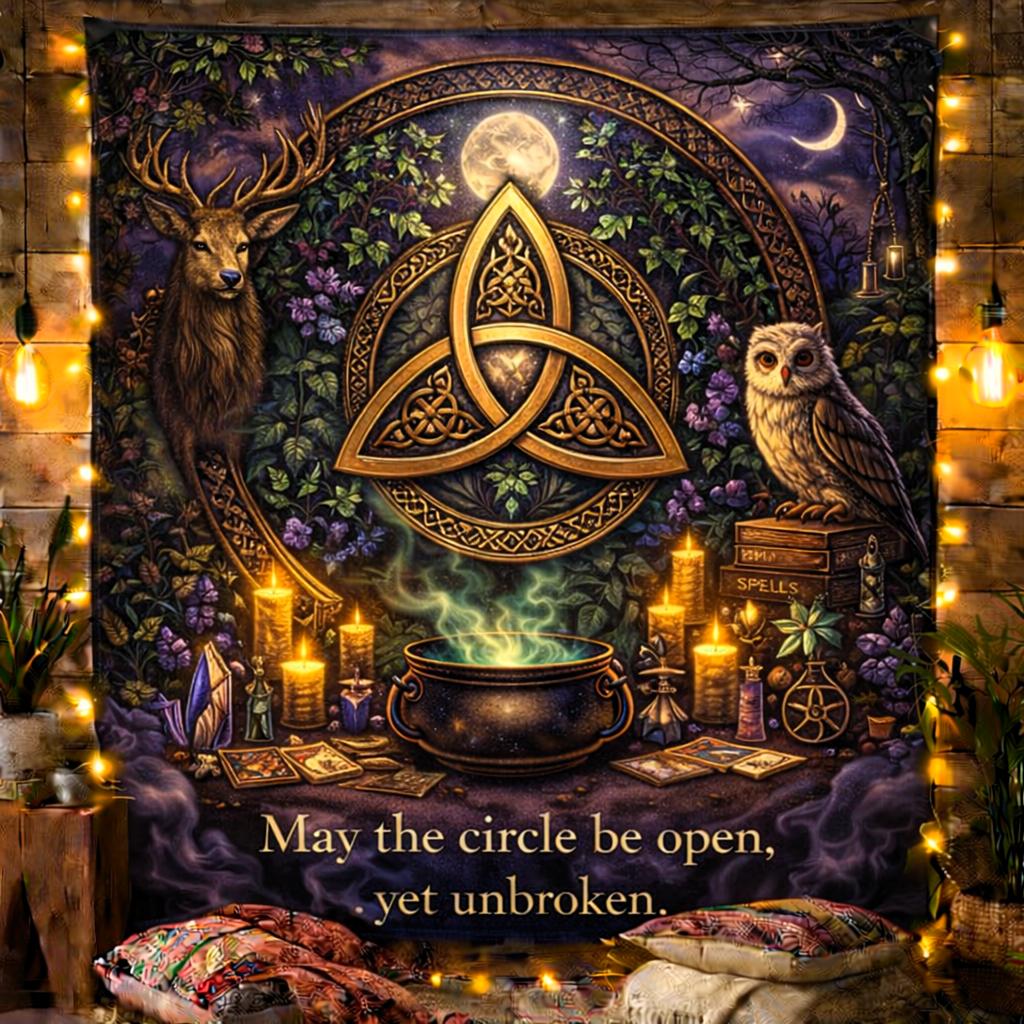 Mystical Wicca Wall Hanging - Pagan Tapestry with Celtic Knot, Deer, Owl, & Mystical Elements-MoonChildWorld