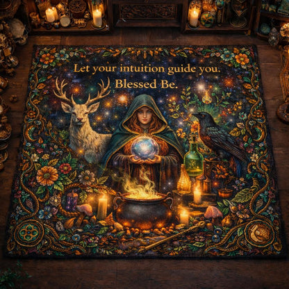 Dark Wiccan area rug with witch, deer, raven, cauldron, and "Blessed Be" text, surrounded by flowers.
