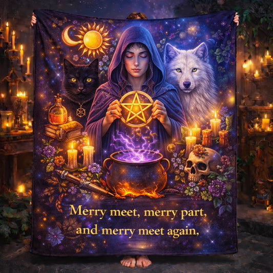 Dark purple Wiccan fleece blanket with a witch, black cat, white wolf, pentacle, cauldron, and candles.