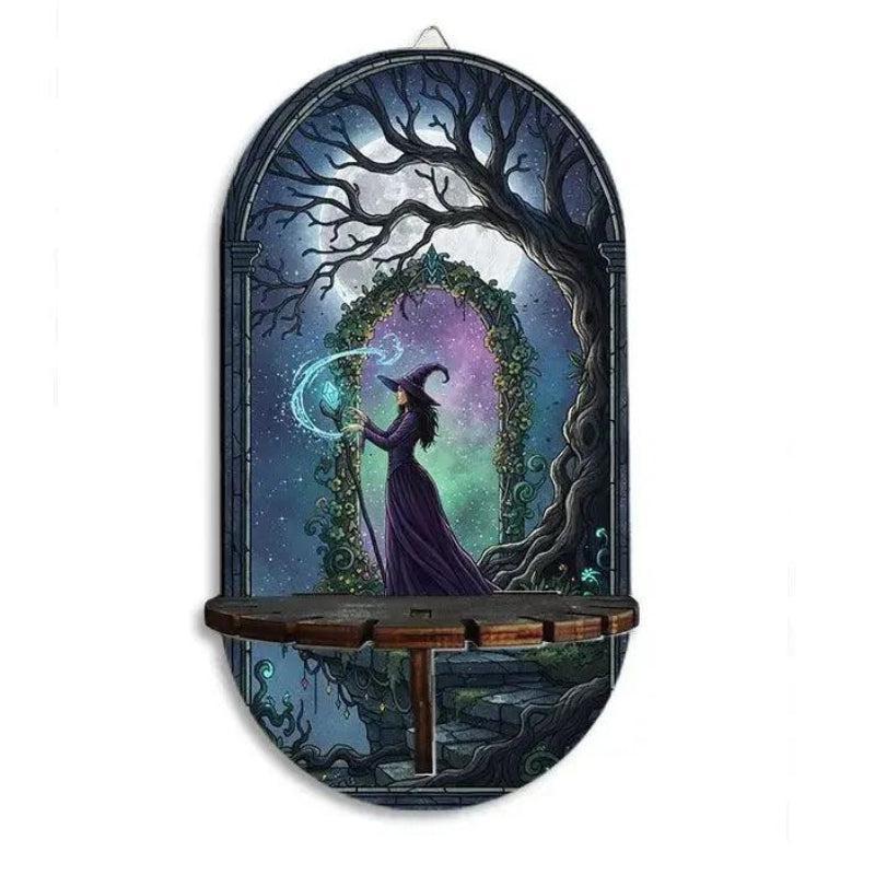 Mystical Witch Wall Shelf for Crystals & Candles – Wooden Gothic Floating Shelf Wicca Altar Decor-MoonChildWorld