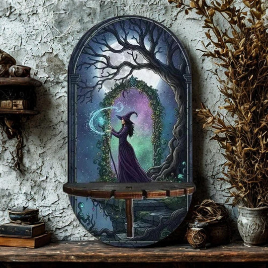 Mystical Witch Wall Shelf for Crystals & Candles – Wooden Gothic Floating Shelf Wicca Altar Decor-MoonChildWorld