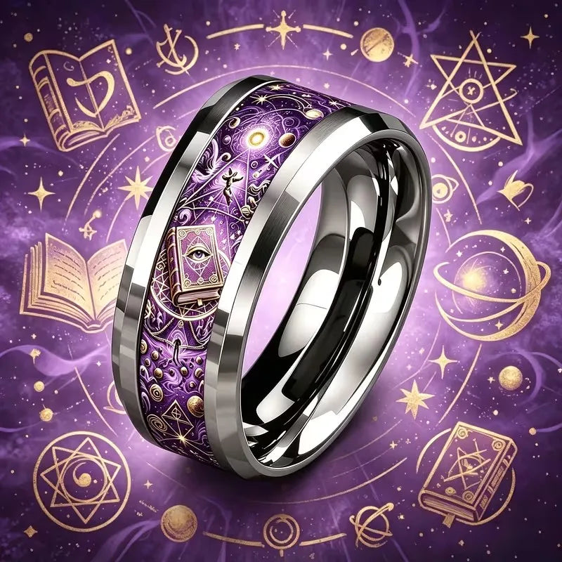 Spellbook pattern ring close-up purple colour – vintage occult Wiccan Pagan jewellery sizes 6-10
