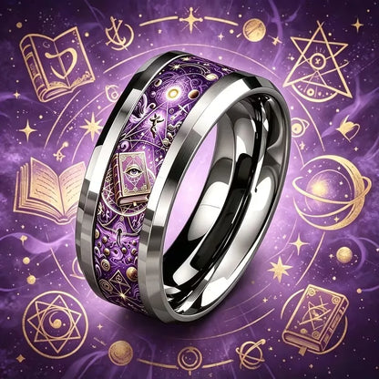 Spellbook pattern ring close-up purple colour – vintage occult Wiccan Pagan jewellery sizes 6-10