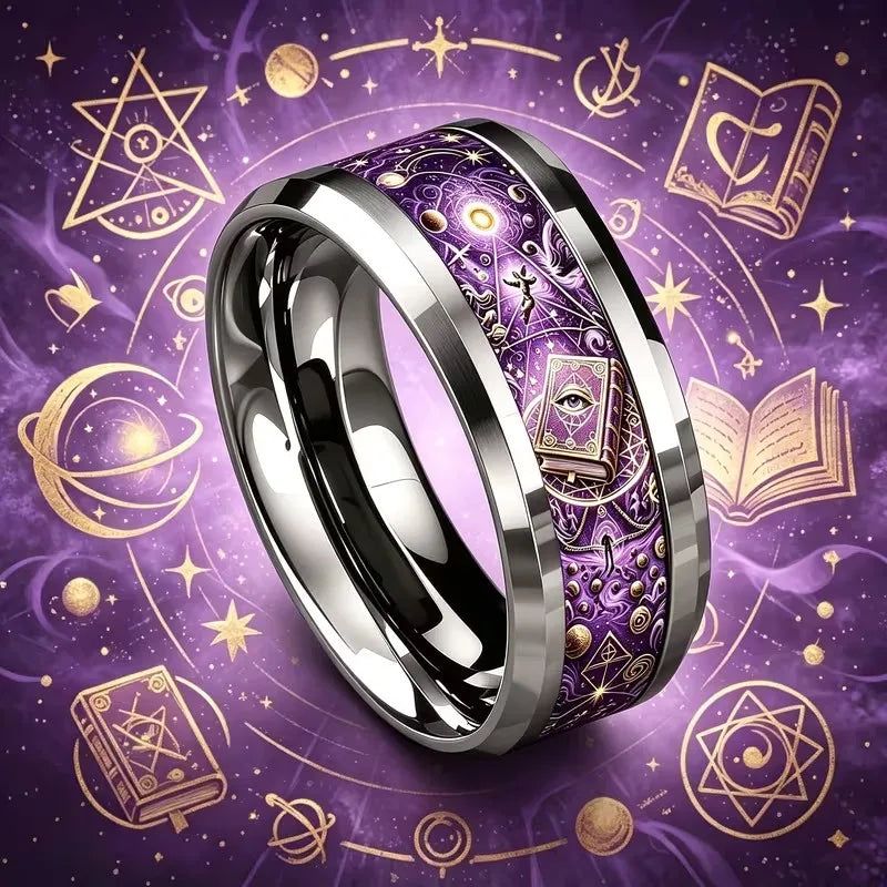 Witchcraft spellbook ring worn on hand – mystical vintage stainless steel Pagan Wiccan jewellery