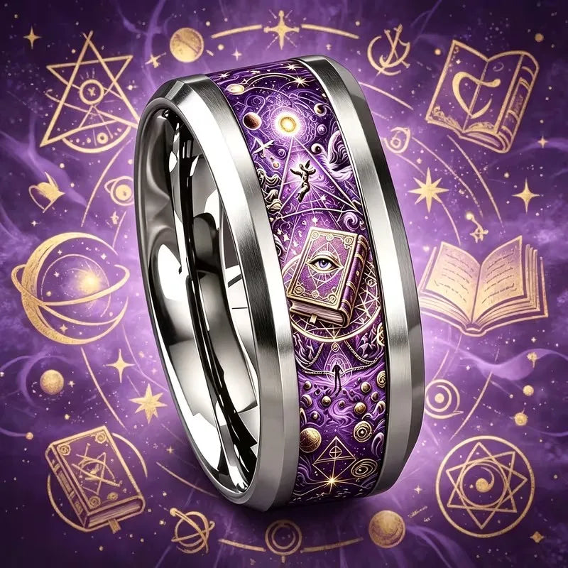 Mystical purple witchcraft spellbook ring stainless steel – vintage Pagan Wiccan ring for women men