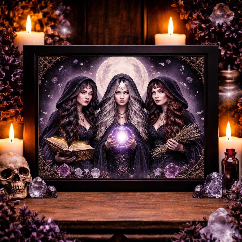 Mystical Witches Canvas Wall Art - Halloween Black Framed Print for Wiccan Altar Decor-MoonChildWorld