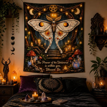 Mystical Witchy Moth Tapestry for Wiccan & Pagan - Witchy Wall Hanging_mockup_1.webp