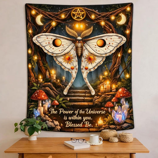 Mystical witchy moth tapestry with glowing lights, mushrooms, crystals, and "The Power of the Universe is within you. Blessed Be." text.