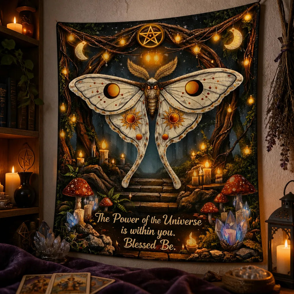 Mystical Witchy Moth Tapestry for Wiccan & Pagan - Witchy Wall Hanging_mockup_3.webp
