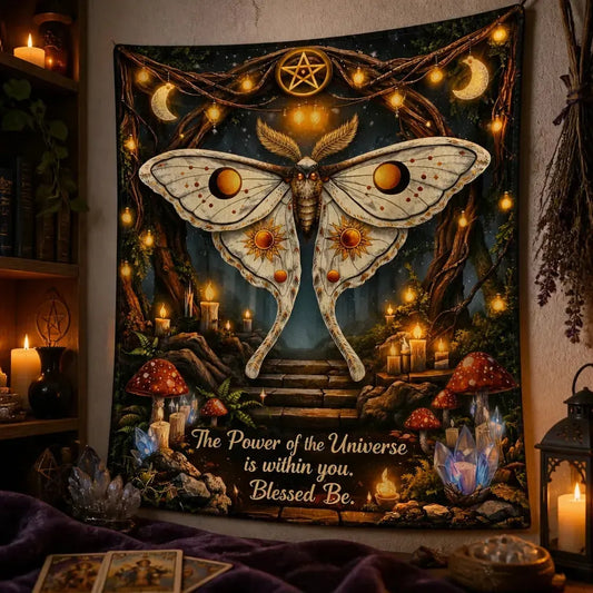 Mystical Witchy Moth Tapestry for Wiccan & Pagan - Witchy Wall Hanging_mockup_3.webp