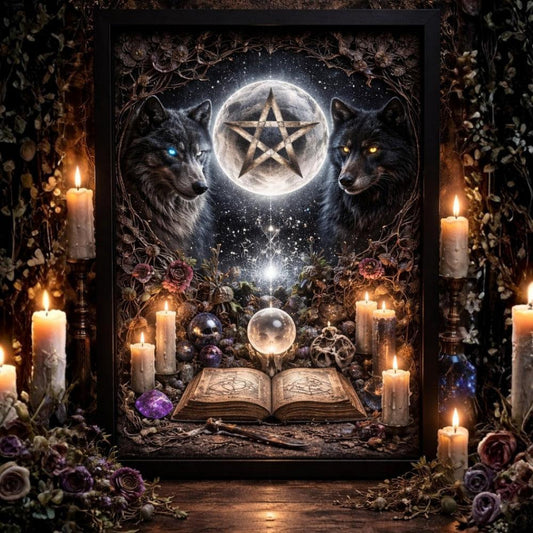 Black framed canvas art: two mystical wolves, pentagram moon, open book, and crystal ball surrounded by candles.