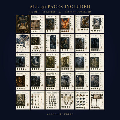 Thirty-page printable grimoire featuring vintage-style illustrations of mythical creatures on aged parchment-colored paper.