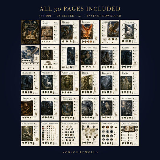 Thirty-page printable grimoire featuring vintage-style illustrations of mythical creatures on aged parchment-colored paper.