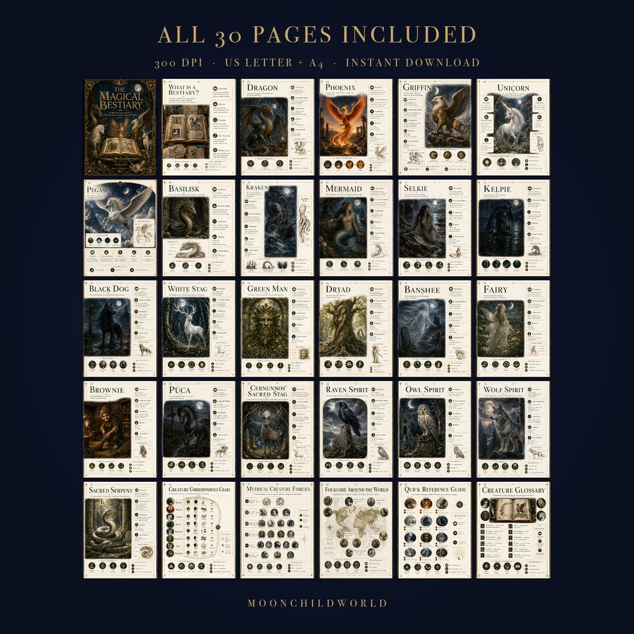 Thirty-page printable grimoire featuring vintage-style illustrations of mythical creatures on aged parchment-colored paper.