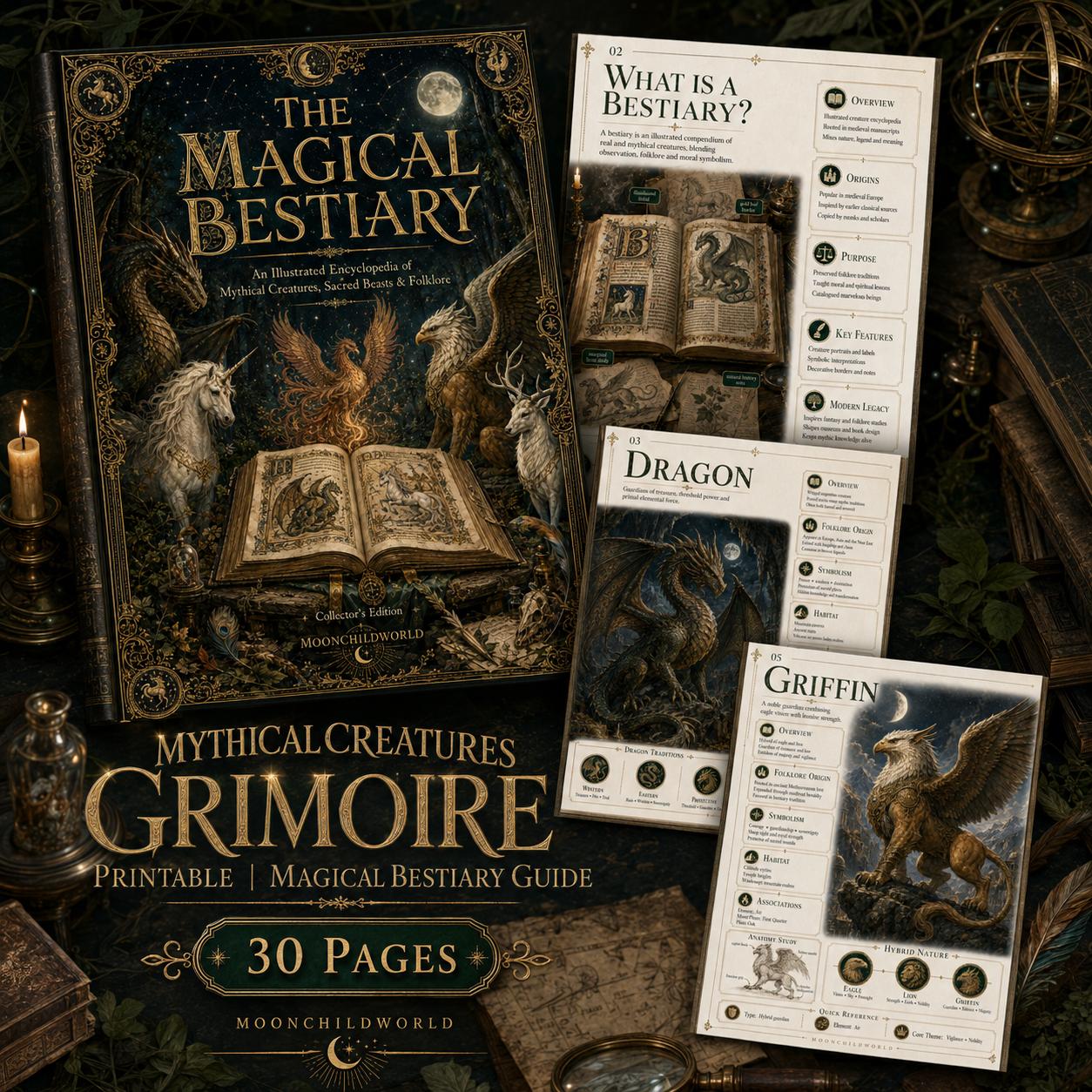 Vintage-style grimoire book cover and printable pages featuring detailed illustrations of dragons, griffins, and mythical creatures.