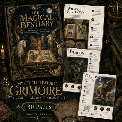 Vintage-style grimoire book cover and printable pages featuring detailed illustrations of dragons, griffins, and mythical creatures.