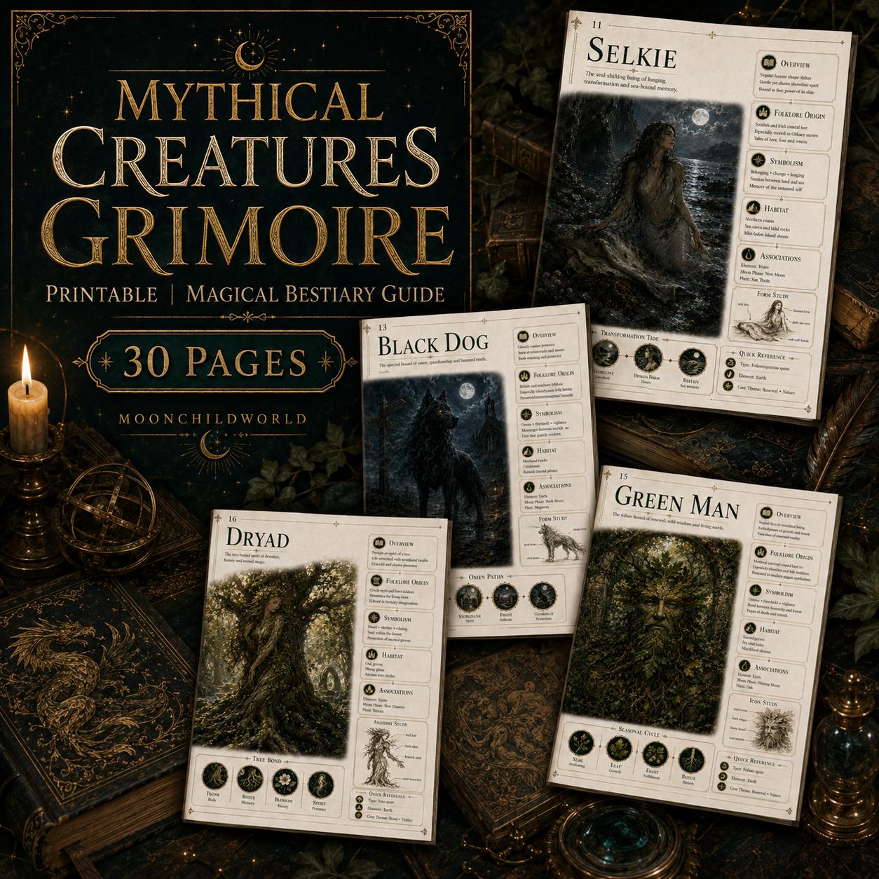 Printable grimoire pages featuring vintage-style illustrations of mythical creatures like the Selkie, Black Dog, and Green Man.