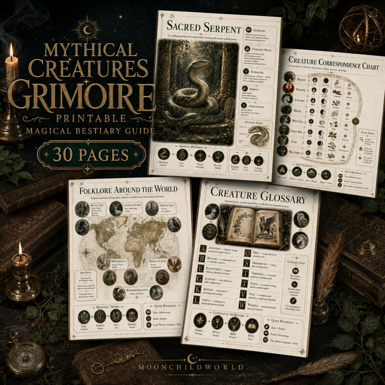 Vintage-style printable grimoire pages featuring mythical creature illustrations, folklore maps, and charts on aged parchment.