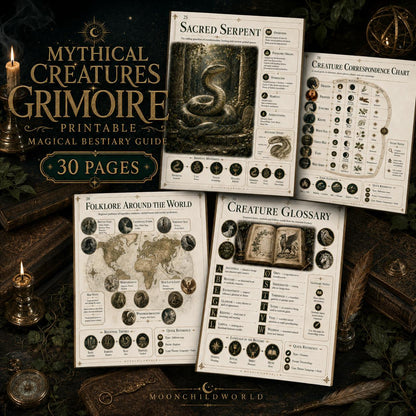 Vintage-style printable grimoire pages featuring mythical creature illustrations, folklore maps, and charts on aged parchment.