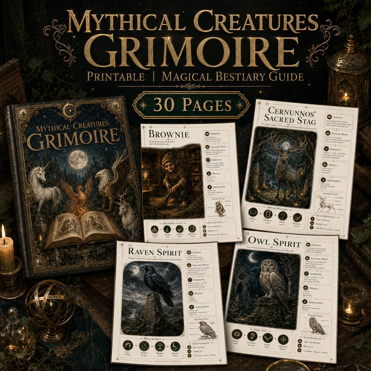 Mythical creatures grimoire featuring a dark, ornate cover and illustrated pages of folklore beasts in a vintage style.