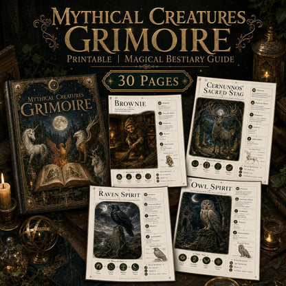Mythical creatures grimoire featuring a dark, ornate cover and illustrated pages of folklore beasts in a vintage style.
