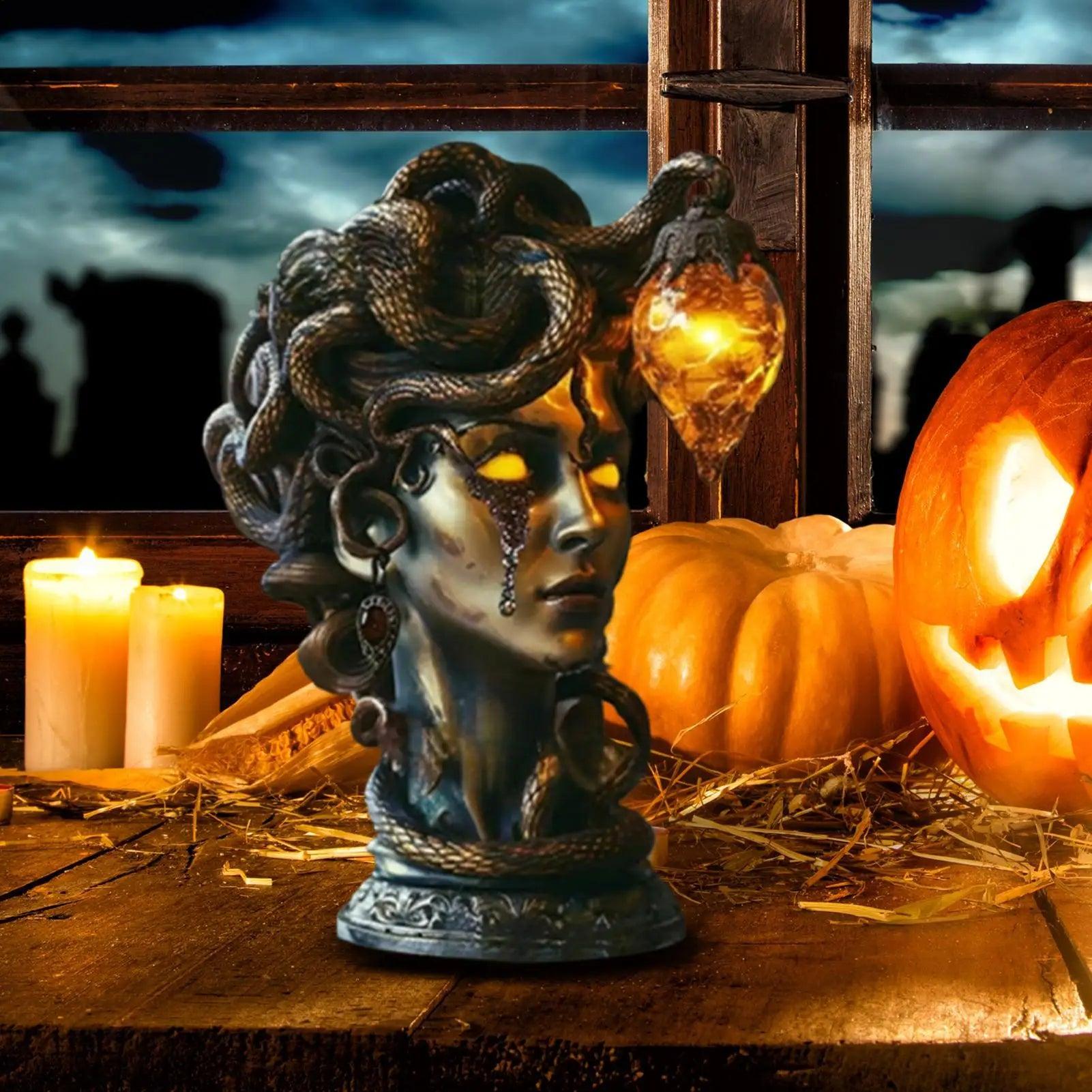 Mythical Goddess Medusa Bust Statue With LED Light - Witchy Gothic Resin Ornament Halloween Decoration-MoonChildWorld